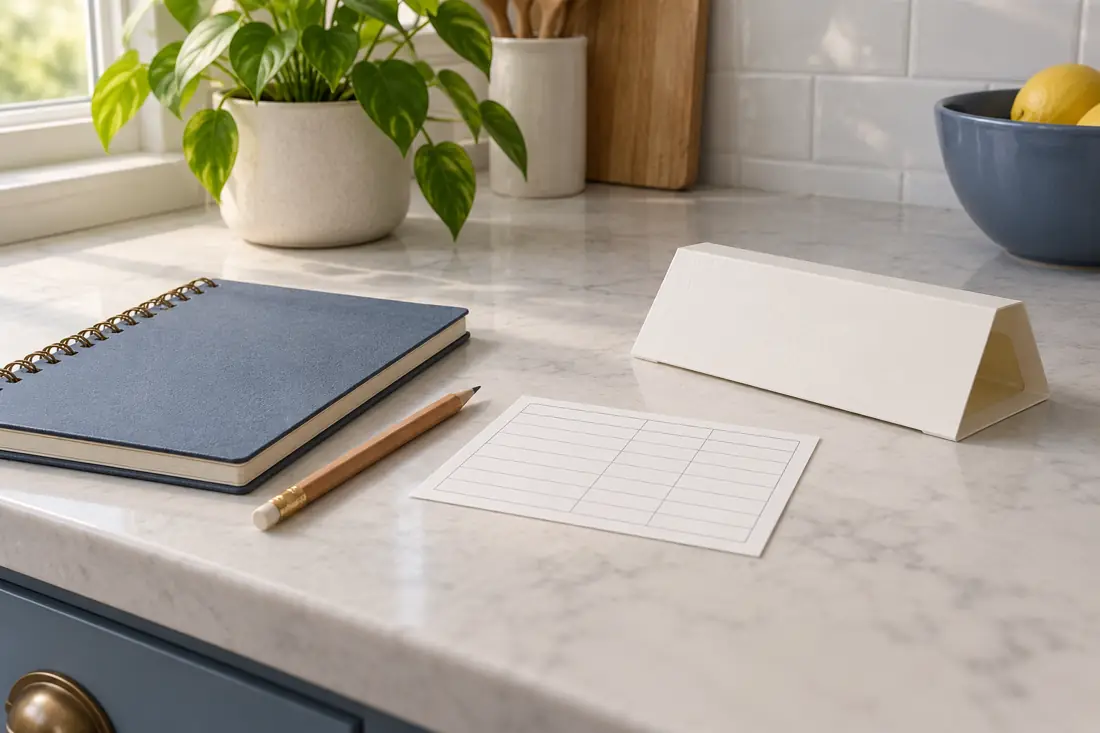 A blank monitoring card and notebook on a kitchen counter