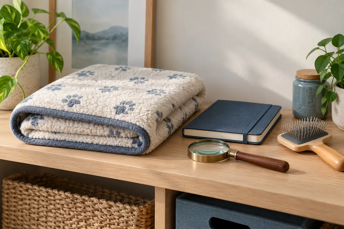 A folded pet blanket, brush and notebook