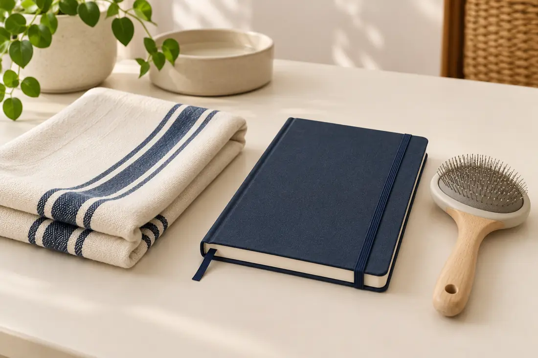 Pet brush, folded cloth and notebook