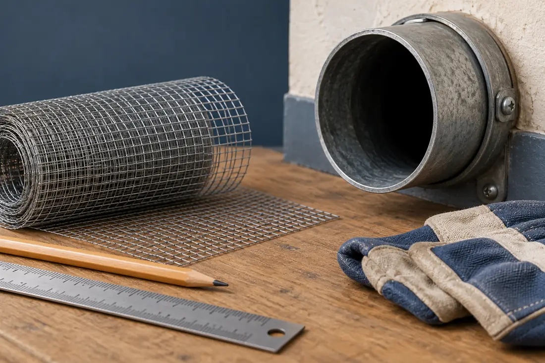 Metal mesh, work gloves, ruler and a pipe on a workbench
