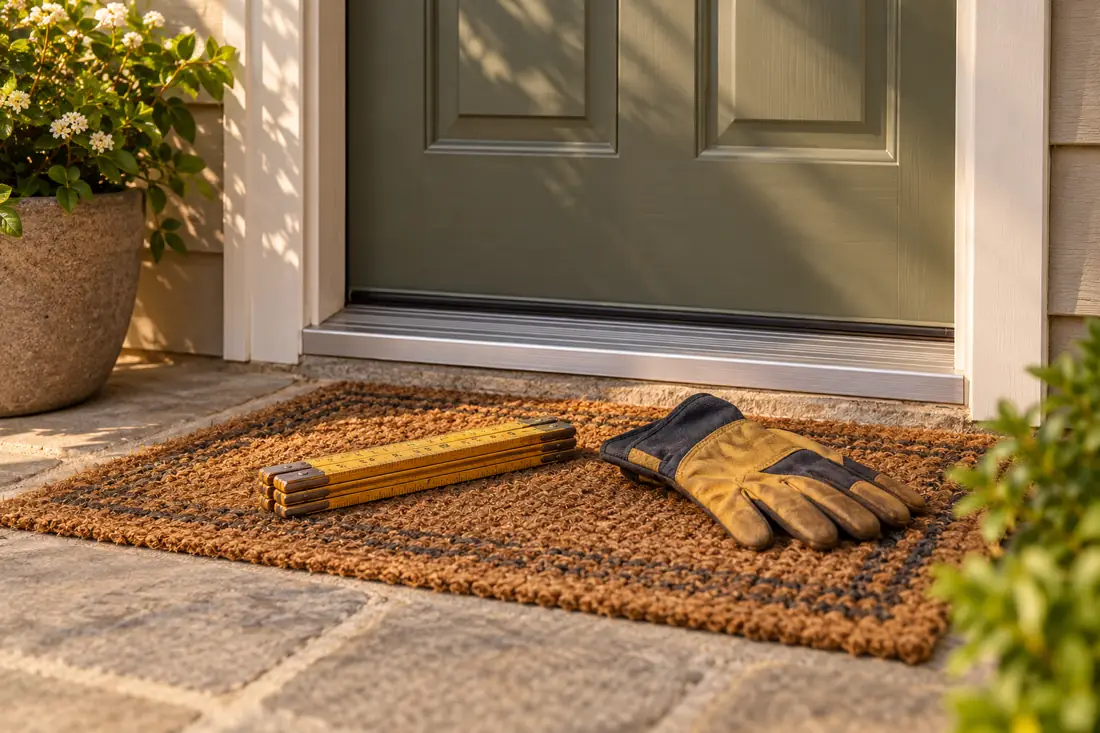 A doorway threshold, work gloves and a folded ruler