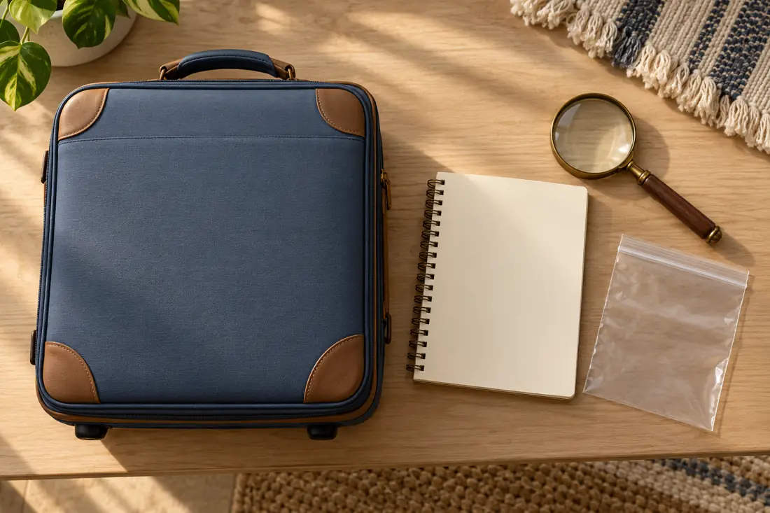 Suitcase, magnifier and notebook on a table