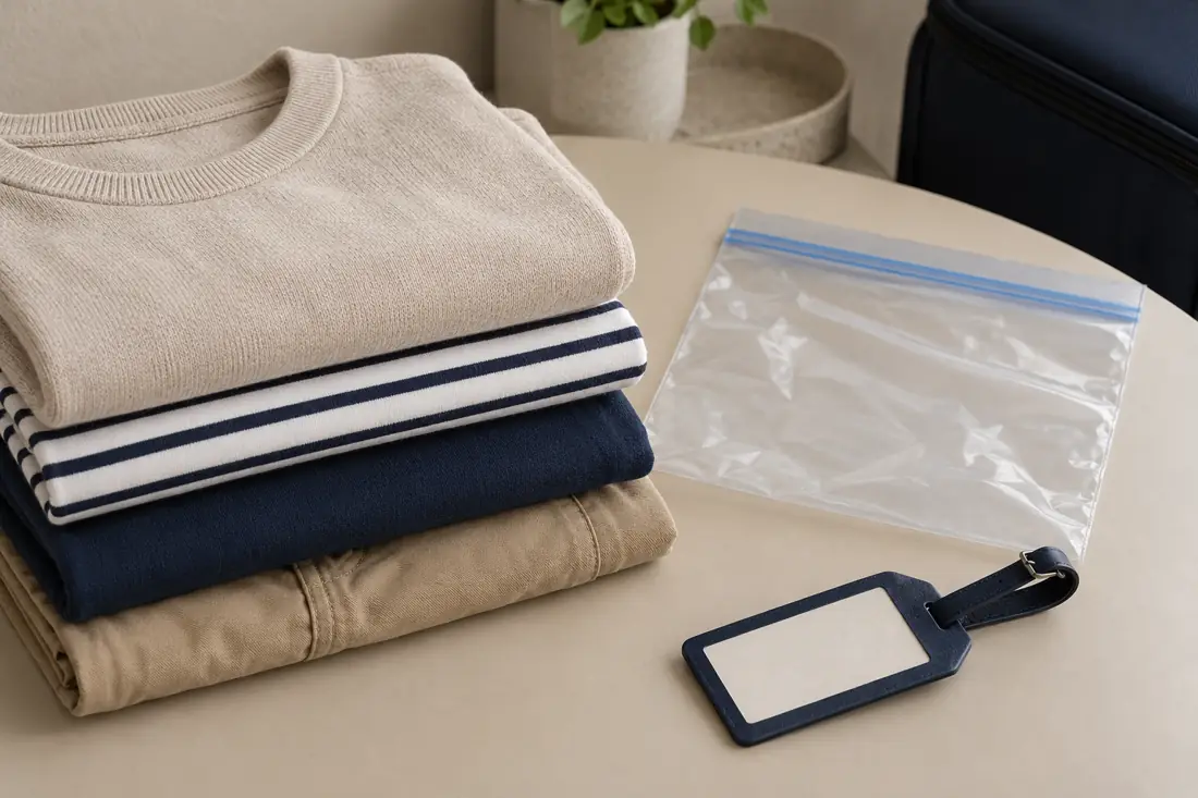 Folded clothing and an empty bag next to a travel tag
