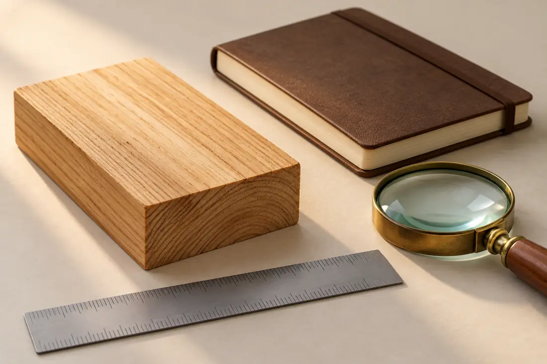 A clean wood sample, ruler and notebook