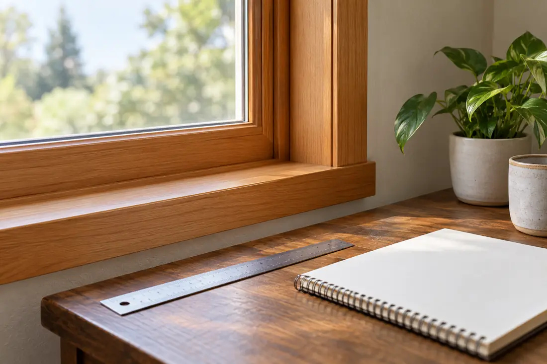 An intact wooden window frame and notebook